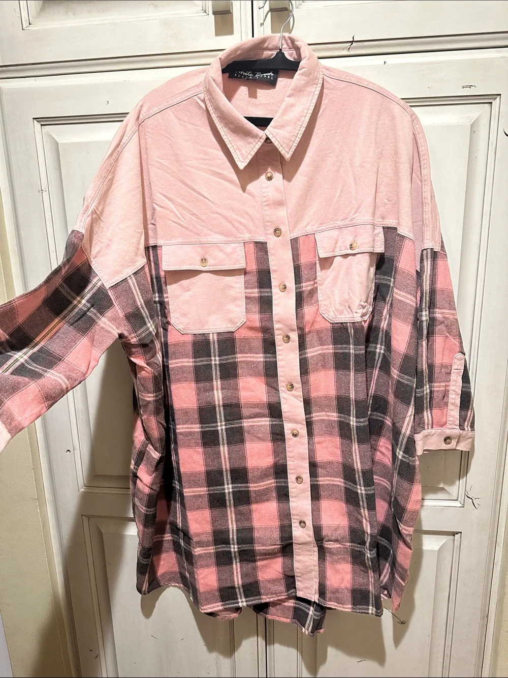 white birch mauve button-up shirt with plaid accents - Picture 2 of 4